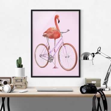 Plakat w ramie - Flamingo z rowerem