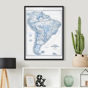 Plakat w ramie - Mapa w odcieniach błękitu - Ameryka Południowa