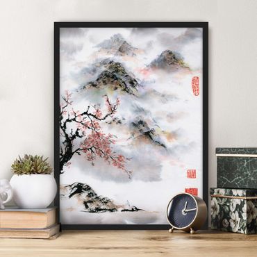 Plakat w ramie - Japońska akwarela Drzewo wiśniowe i góry