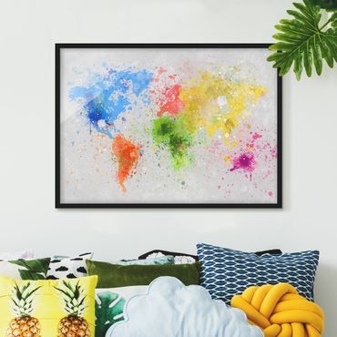 Plakat w ramie - Mapa świata z kolorowym rozbryzgiem