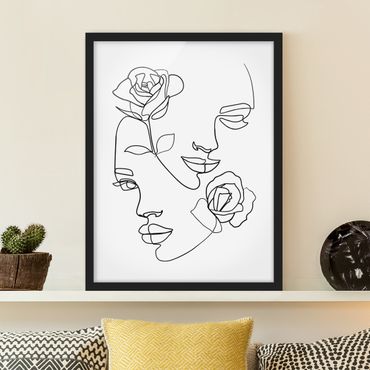 Plakat w ramie - Line Art Twarze kobiet Róże czarno-biały