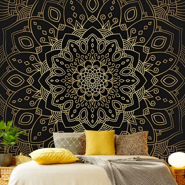 Tapeta - Mandala wzór w kwiaty złoty czarny