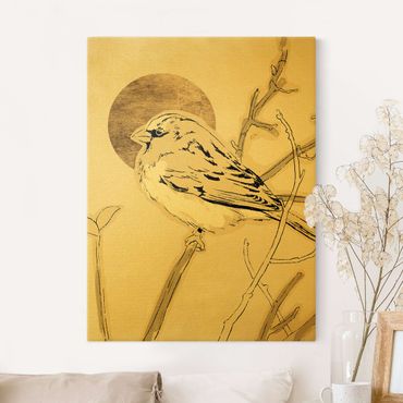 Złoty obraz na płótnie - Ptak na tle złotego słońca IV