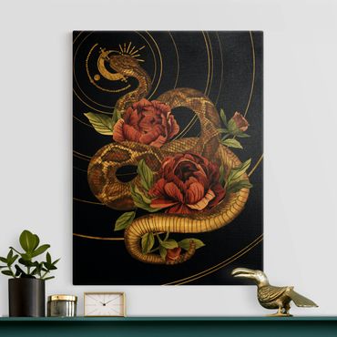 Złoty obraz na płótnie - Wąż z różami czarno-złoty I