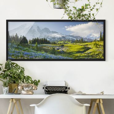 Plakat w ramie - Mountain Meadow With Blue Flowers in Front of Mt. Rainier