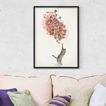 Plakat w ramie - Ilustracja kot z kolorowymi motylami malarstwo