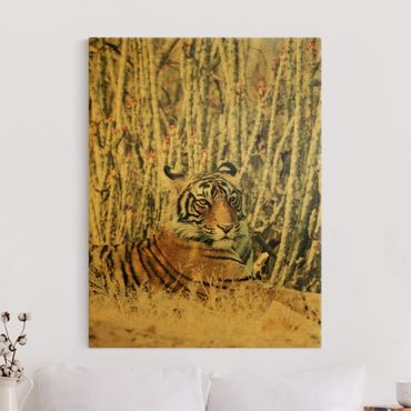 Złoty obraz na płótnie - Tygrys na tle kaktusów
