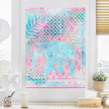 Obraz na szkle - Kolorowy kolaż - słoń w kolorze niebieskim i różowym