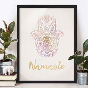 Plakat w ramie - Hamsa Ilustracja ręczna Namaste złoty różowy
