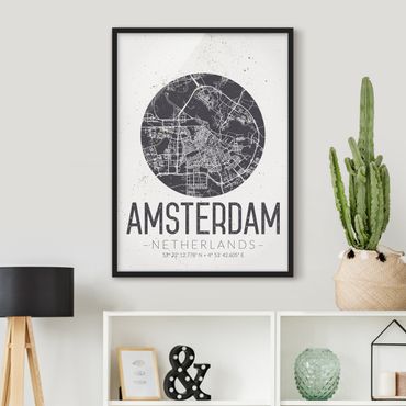 Plakat w ramie - Mapa miasta Amsterdam - Retro