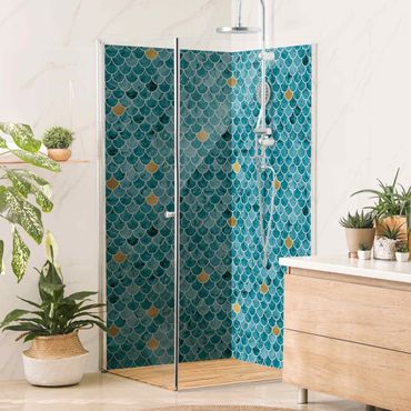 Tylna ścianka prysznicowa - Fish Scake Tiles Marble - Turquoise Gold