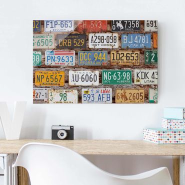 Obraz na szkle - Amerykańskie tablice rejestracyjne na drewnie
