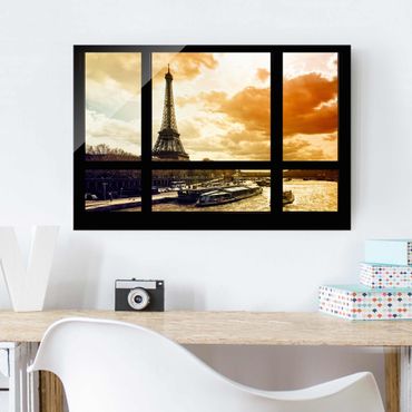 Obraz na szkle - Widok z okna - Paryż Wieża Eiffla Zachód słońca