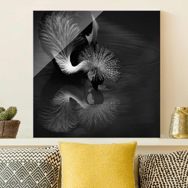 Obraz na szkle - Korona żurawia kokarda czarno-biały