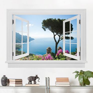 Naklejka na ścianę - Widok z otwartego okna z ogrodu na morze