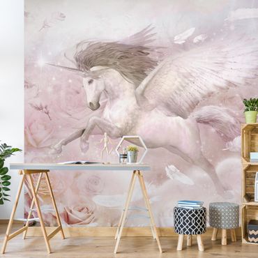 Fototapeta - Pegasus Unicorn With Roses