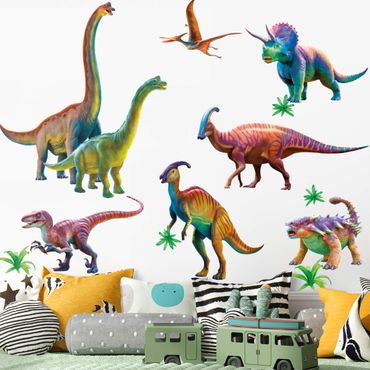 Naklejka na ścianę - Zestaw dinozaurów z tęczą