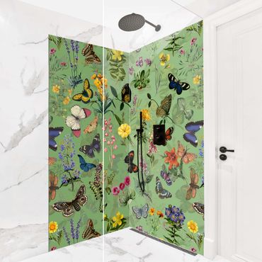 Tylna ścianka prysznicowa - Butterflies With Flowers On Green