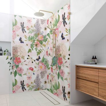 Tylna ścianka prysznicowa - Butterflies With Pink Roses