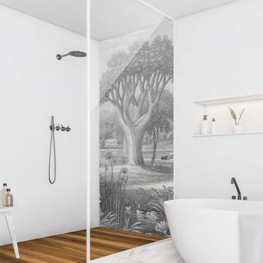 Tylna ścianka prysznicowa - Tropical Copperplate Engraving Garden With Pond In Grey