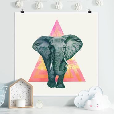 Plakat - Ilustracja przedstawiająca słonia na tle trójkątnego obrazu
