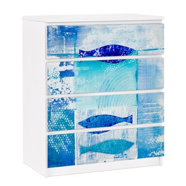 Okleina meblowa IKEA - Malm komoda, 4 szuflady - Ryby w błękicie