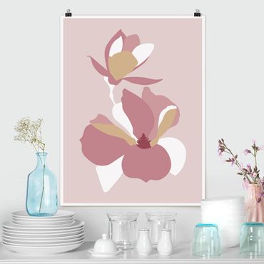 Plakat - Line Art Kwiaty pastelowy róż
