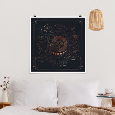 Plakat - Astrologia Słońce Księżyc i Gwiazdy Niebieskie złoto