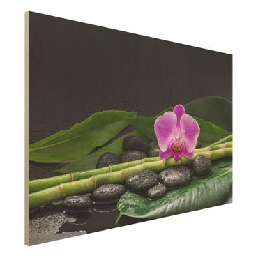 Obraz z drewna - Zielony bambus z kwiatem orchidei