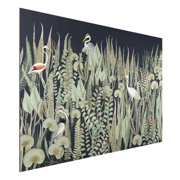 Obraz Alu-Dibond - Flamingo i bocian z roślinami na zielonym tle
