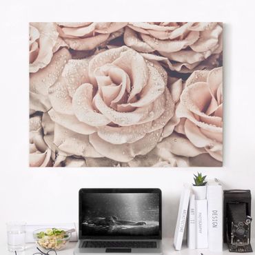 Obraz na płótnie - Róże w sepii z kroplami wody