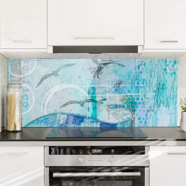 Panel szklany do kuchni - Kolorowy kolaż - Niebieskie rybki