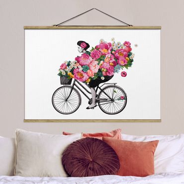 Plakat z wieszakiem - Ilustracja Kobieta na rowerze Kolaż kolorowych kwiatów