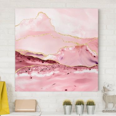 Obraz na płótnie - Abstrakcyjne góry w kolorze różowym ze złotymi liniami
