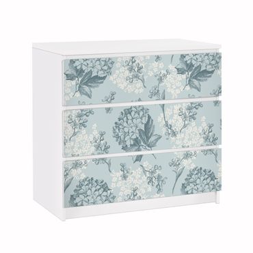 Okleina meblowa IKEA - Malm komoda, 3 szuflady - Wzór hortensji w kolorze niebieskim