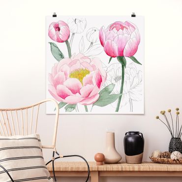 Plakat - Rysowanie różowych peonii II