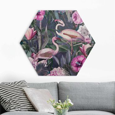 Obraz heksagonalny z Alu-Dibond - Kolorowy kolaż - Różowe flamingi w dżungli