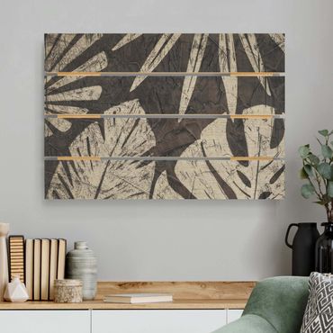 Obraz z drewna - Liście palmy na tle ciemnej szarości