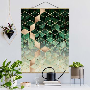 Plakat z wieszakiem - Zielone liście złota geometria