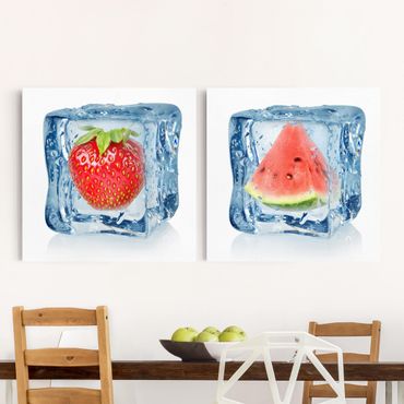 Obraz na płótnie 2-częściowy - Truskawka i melon w kostce lodu