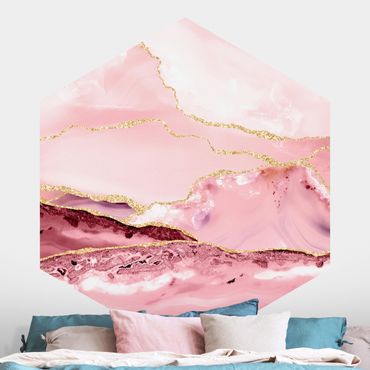 Sześciokątna tapeta samoprzylepna - Abstrakcyjne góry różowe ze złotymi liniami