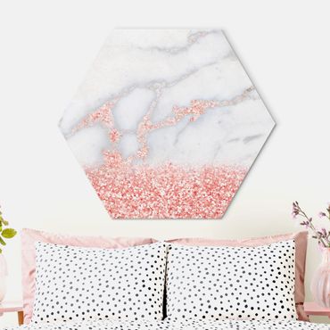 Obraz heksagonalny z Alu-Dibond - Mamor look z różowym konfetti
