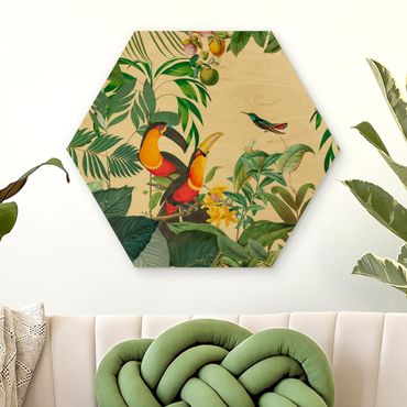 Obraz heksagonalny z drewna - Kolaże w stylu vintage - Ptaki w dżungli