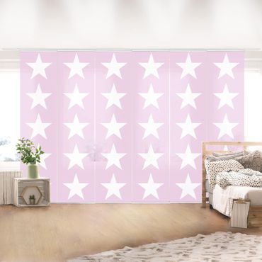 Zasłony panelowe zestaw - Duże białe gwiazdy na różowym tle