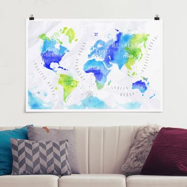 Plakat - Mapa świata akwarela niebiesko-zielona