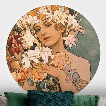 Okrągła tapeta samoprzylepna - Alfons Mucha - Kwiat