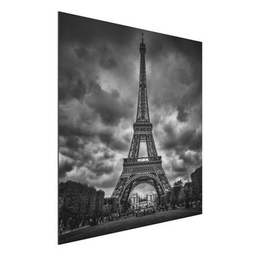 Obraz Alu-Dibond - Wieża Eiffla na tle chmur, czarno-biała