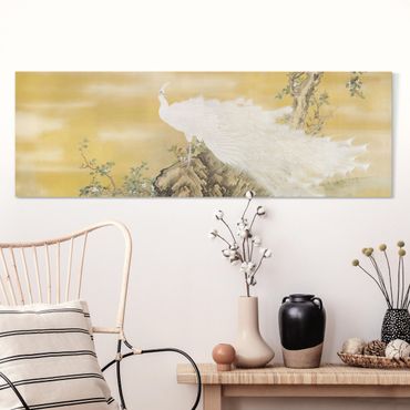 Obraz na płótnie - Wdzięk i blask białego pawia - Panorama 3:1