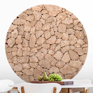 Okrągła tapeta samoprzylepna - Apulia Kamienna ściana - starożytny kamienny mur z dużych kamieni