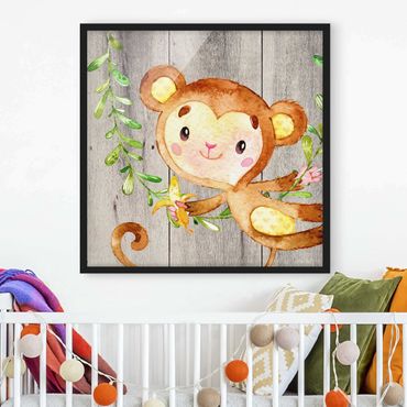 Plakat w ramie - Akwarela Małpa na drewnie